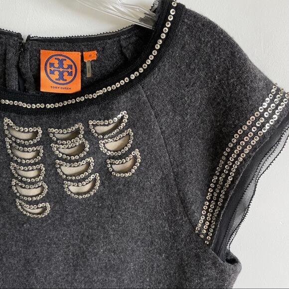 Tory Burch Charcoal Grey Wool Sequin Embellishments Silk Lined Top - Picture 3 of 7